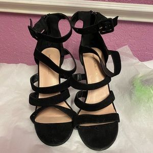 Faux suede black strappy Block cut out heel